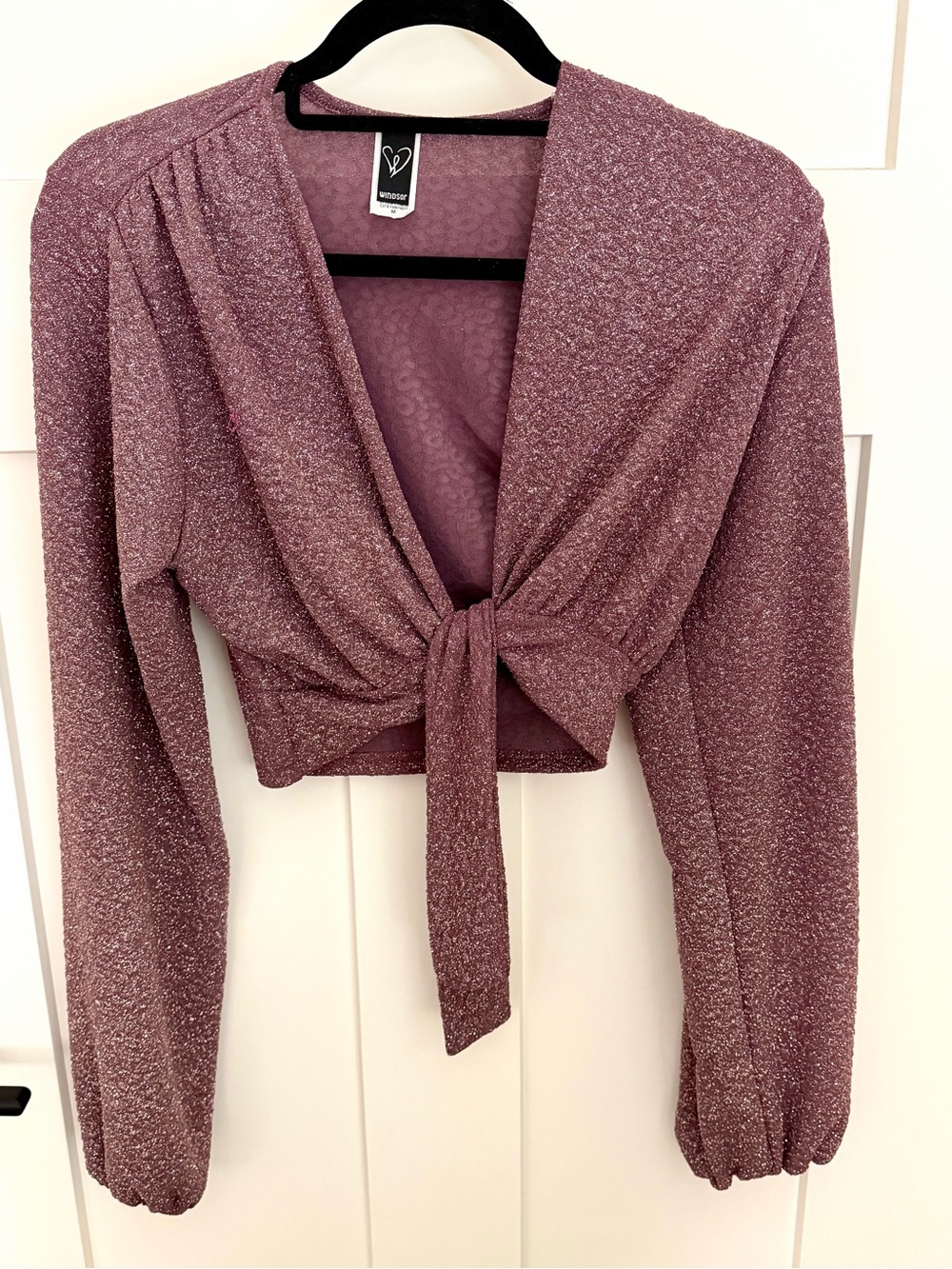 Windsor Mauve Sparkle Tie-Front Long Sleeve Crop Top